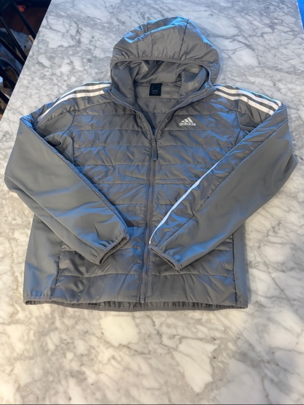adidas Gray Hooded Quilted Jacket with White Stripes